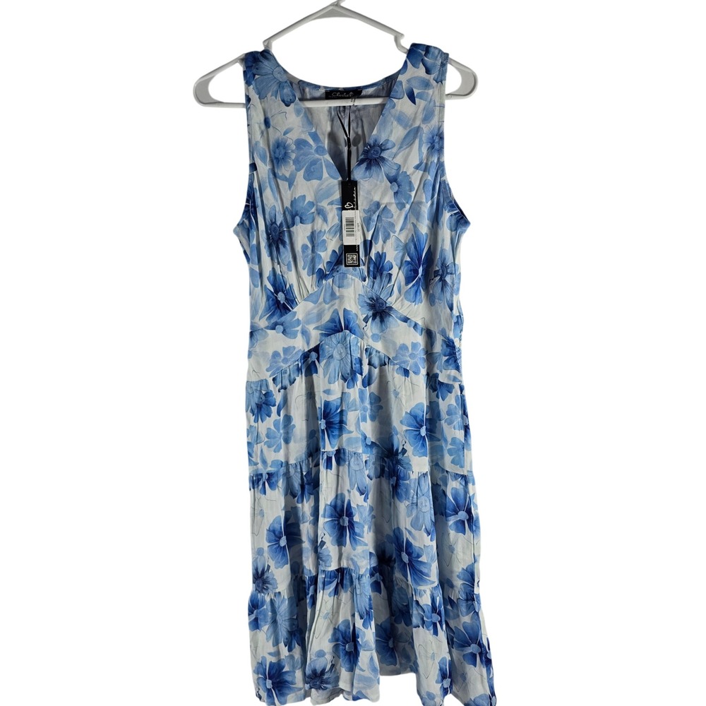 Charlie B Blue Floral Tiered Sleeveless V-Neck Dress Celestial C3210P-808B Small